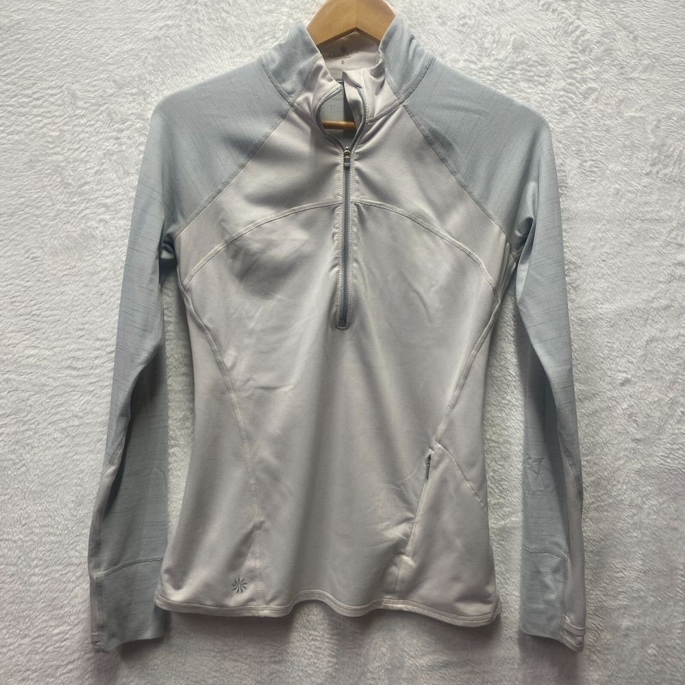Athleta 1/4 Zip Long Sleeve Top Women Small Colorblock Grey Blue Logo Thumbhole
